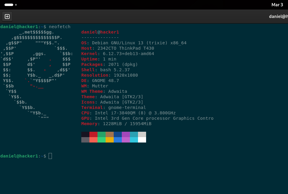 Neofetch output showing Debian 13 trixie, i7-3840QM CPU, 16GB RAM, 1920x1080 display, and GNOME 48.7